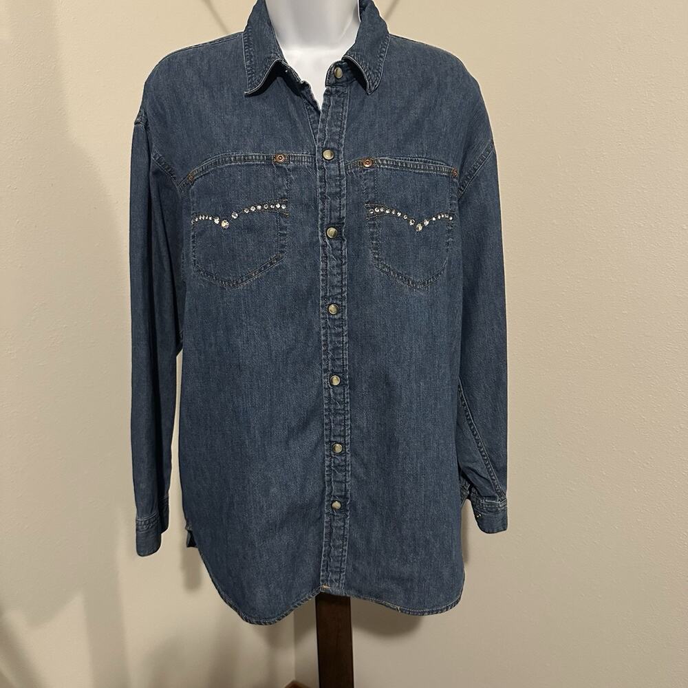 EDC Group Denim Snap Shirt Women M Crystal Studded Western Long Sleeve